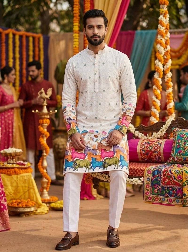 Off white digital print men's kurta with crochet sequin work