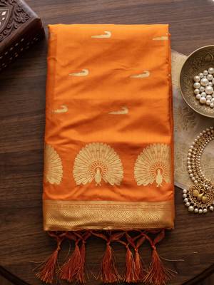 Yellow premium soft silk blend designer saree with zari motifs & rich border 4