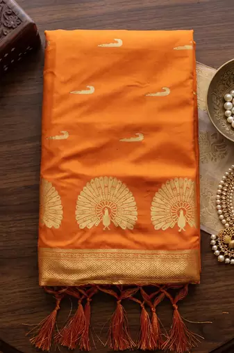Yellow premium soft silk blend designer saree with zari motifs & rich border