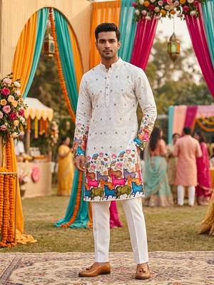 Off white digital print men's kurta with crochet sequin work 2