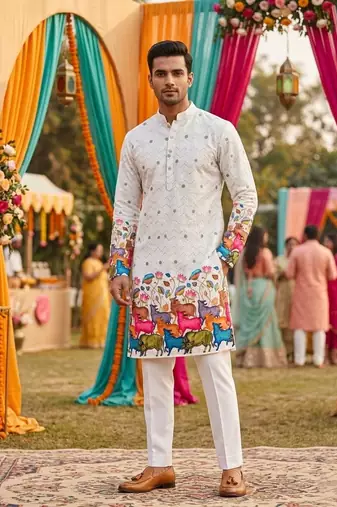Off white digital print men's kurta with crochet sequin work