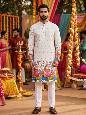 Off white digital print men's kurta with crochet sequin work 3