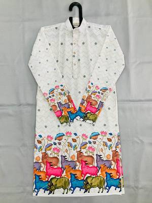 Off white digital print men's kurta with crochet sequin work 4