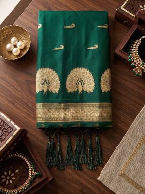 Green premium soft silk blend designer saree with zari motifs & rich border 4