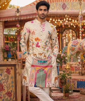 Cream digital print men's kurta with crochet sequin work 1