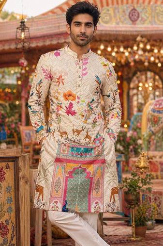 Cream digital print men's kurta with crochet sequin work