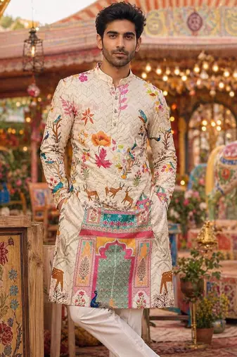 Cream digital print men's kurta with crochet sequin work