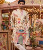 Cream digital print men's kurta with crochet sequin work