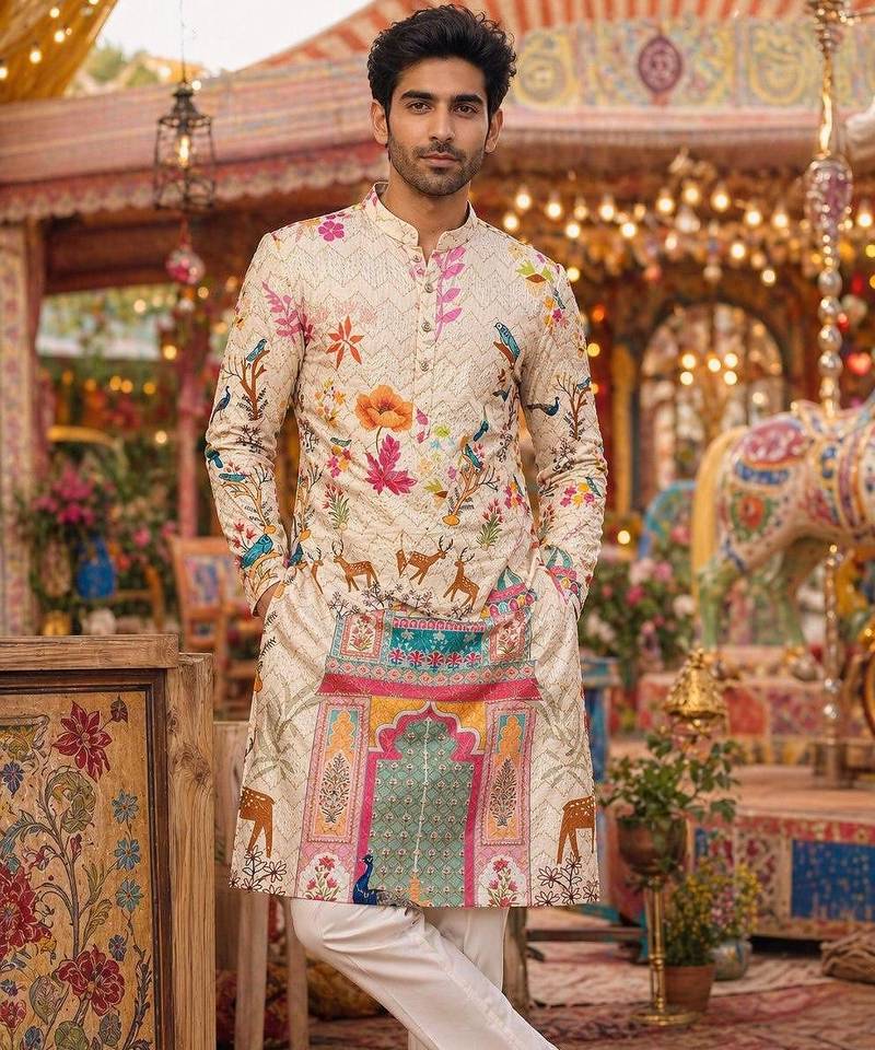 Cream digital print men's kurta with crochet sequin work