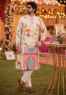 Cream digital print men's kurta with crochet sequin work 2