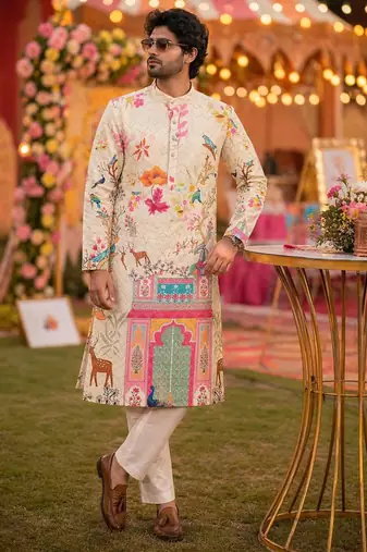 Cream digital print men's kurta with crochet sequin work