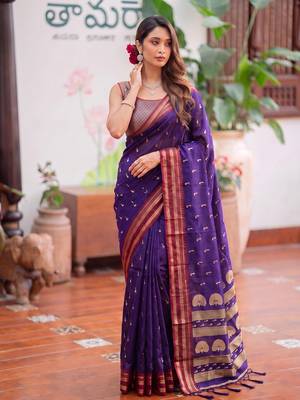 Purple premium soft silk blend designer saree with zari motifs & rich border 1