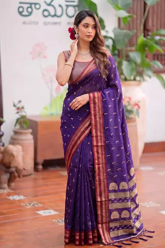 Purple premium soft silk blend designer saree with zari motifs & rich border