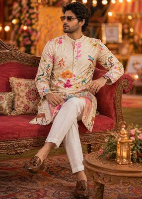 Cream digital print men's kurta with crochet sequin work 3