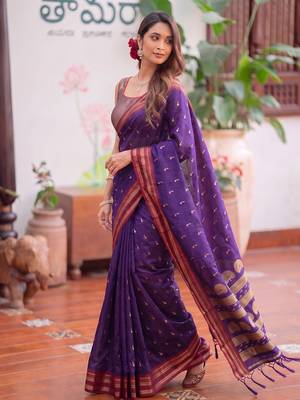 Purple premium soft silk blend designer saree with zari motifs & rich border 2