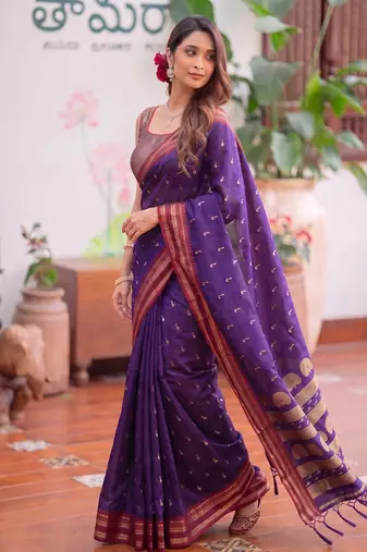 Purple premium soft silk blend designer saree with zari motifs & rich border