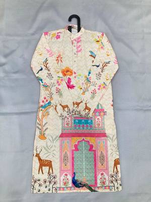 Cream digital print men's kurta with crochet sequin work 4