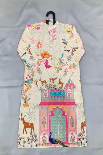 Cream digital print men's kurta with crochet sequin work