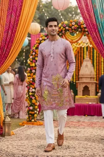 Mauve digital print men's kurta with crochet sequin work