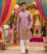 Mauve digital print men's kurta with crochet sequin work