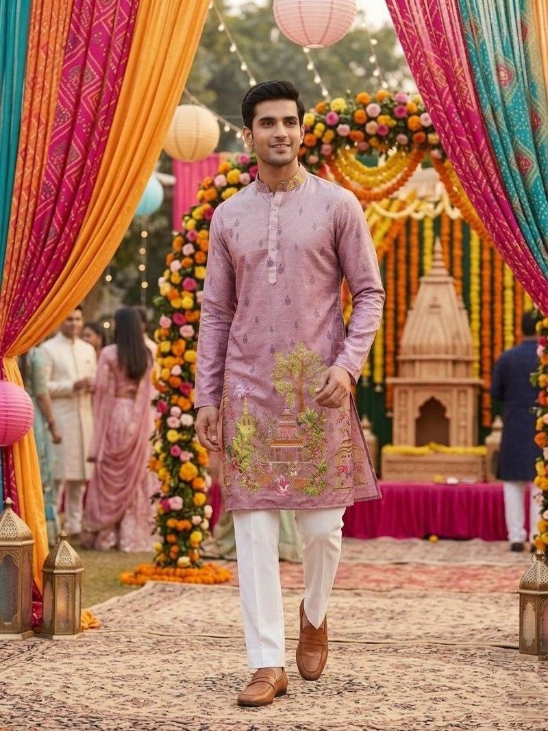 Mauve digital print men's kurta with crochet sequin work