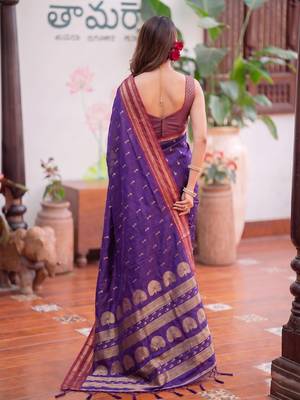 Purple premium soft silk blend designer saree with zari motifs & rich border 3