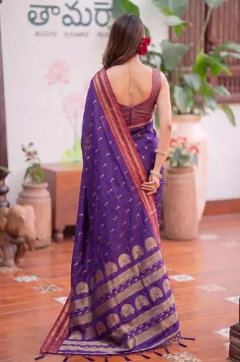 Purple premium soft silk blend designer saree with zari motifs & rich border