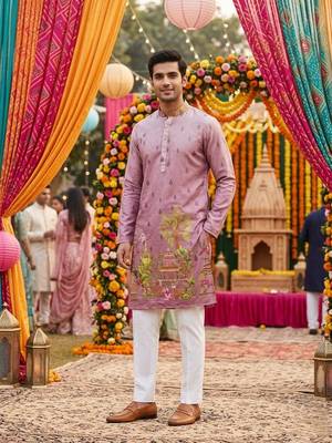 Mauve digital print men's kurta with crochet sequin work 2