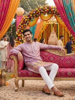 Mauve digital print men's kurta with crochet sequin work 3