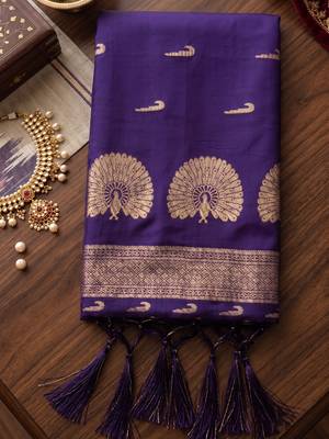 Purple premium soft silk blend designer saree with zari motifs & rich border 4