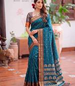 Blue premium soft silk blend designer saree with zari motifs & rich border