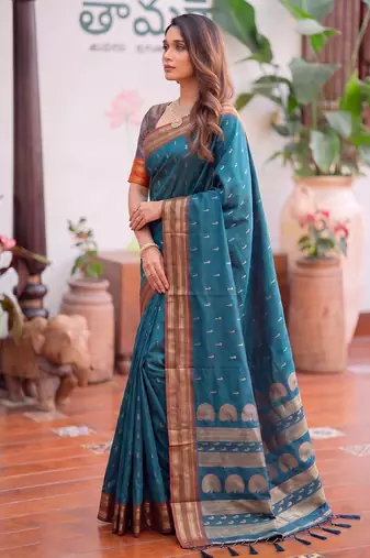 Blue premium soft silk blend designer saree with zari motifs & rich border