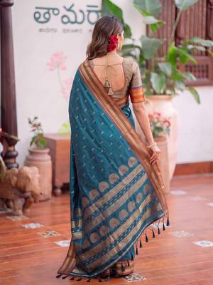 Blue premium soft silk blend designer saree with zari motifs & rich border 3