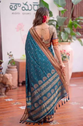 Blue premium soft silk blend designer saree with zari motifs & rich border