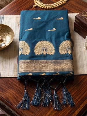 Blue premium soft silk blend designer saree with zari motifs & rich border 4
