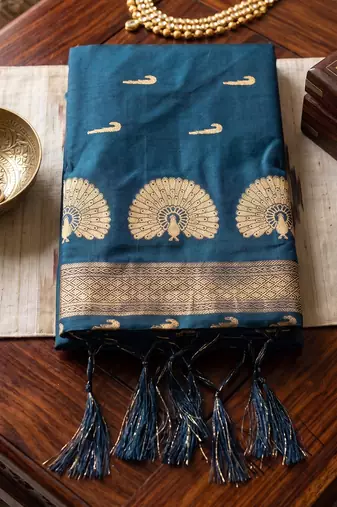 Blue premium soft silk blend designer saree with zari motifs & rich border