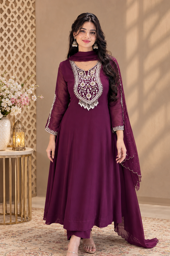 plum color embroidery sequin work with ready-made lace border faux georgette gown set