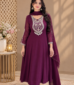 plum color embroidery sequin work with ready-made lace border faux georgette gown set