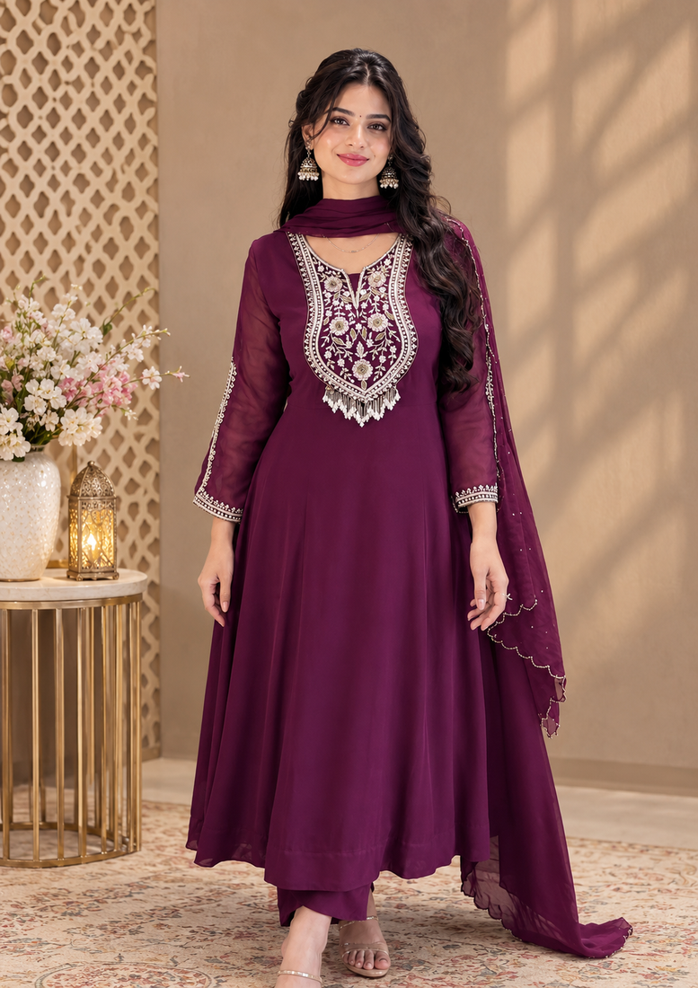 plum color embroidery sequin work with ready-made lace border faux georgette gown set