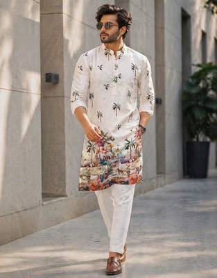 Ivory digital print men's kurta with crochet sequin work 1