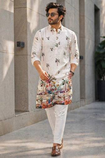 Ivory digital print men's kurta with crochet sequin work