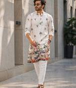 Ivory digital print men's kurta with crochet sequin work