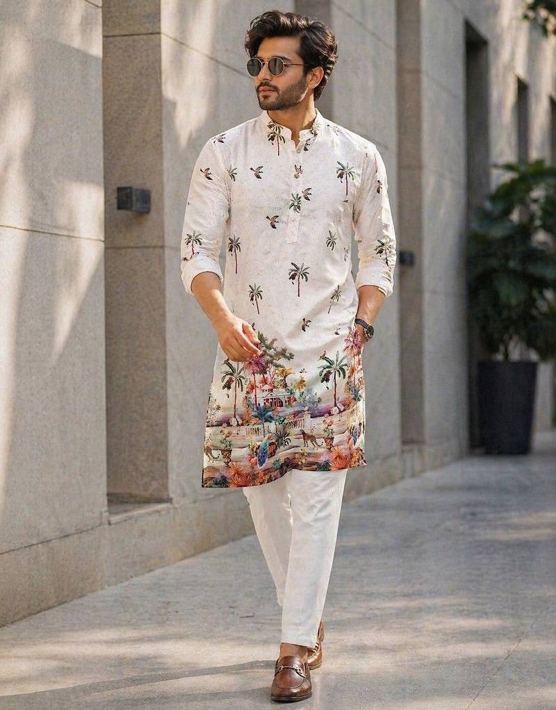 Ivory digital print men's kurta with crochet sequin work