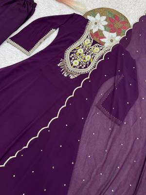 plum color embroidery sequin work with ready-made lace border faux georgette gown set 2
