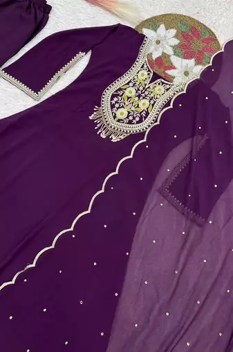 plum color embroidery sequin work with ready-made lace border faux georgette gown set