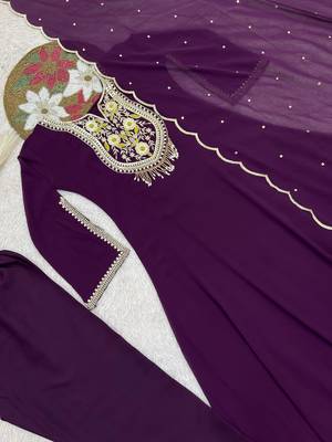 plum color embroidery sequin work with ready-made lace border faux georgette gown set 3