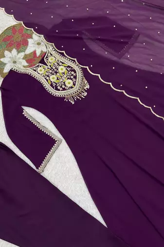 plum color embroidery sequin work with ready-made lace border faux georgette gown set