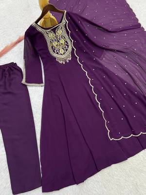 plum color embroidery sequin work with ready-made lace border faux georgette gown set 4