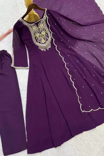 plum color embroidery sequin work with ready-made lace border faux georgette gown set