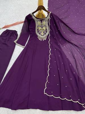 plum color embroidery sequin work with ready-made lace border faux georgette gown set 5